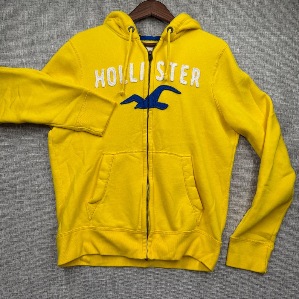 Hollister Mens Yellow Full Zip Hoodie Embroidered Logo Fleece XL